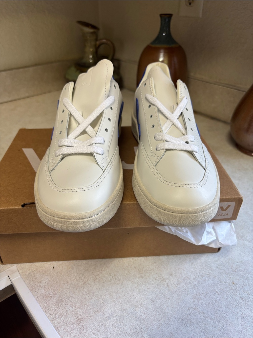 Veja White Leather Sneakers with Blue V Accent